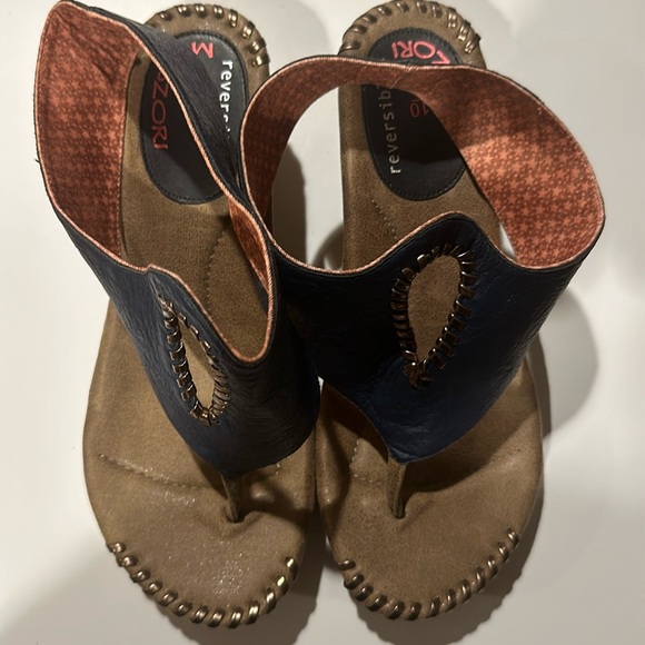 Modzori Lucia wedge reversible sandals in Navy/orange pattern. Never worn. - Picture 2 of 6
